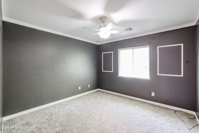 spare room with crown molding, ceiling fan, and carpet flooring