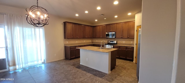 kitchen with backsplash, a center island with sink, stainless steel appliances, and sink