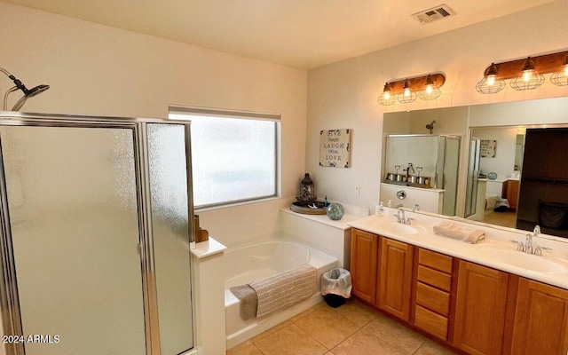 bathroom with vanity, plus walk in shower, and tile patterned floors