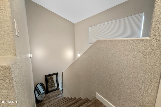 staircase featuring vaulted ceiling and hardwood / wood-style floors