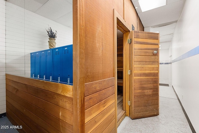 hall featuring carpet floors and a paneled ceiling