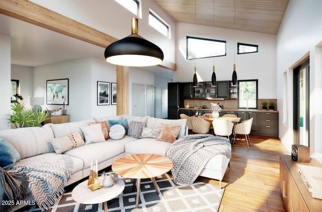 living room featuring light wood-style flooring and a towering ceiling