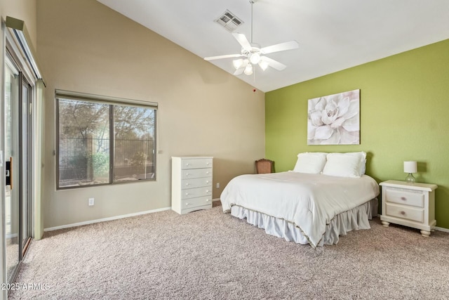 bedroom with light carpet, vaulted ceiling, and ceiling fan