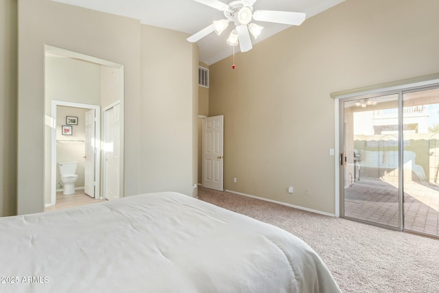 bedroom with connected bathroom, access to exterior, ceiling fan, vaulted ceiling, and light carpet