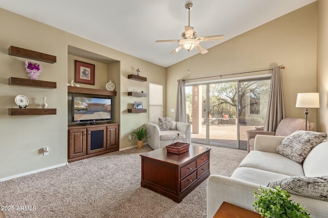 living room with ceiling fan, light carpet, and vaulted ceiling