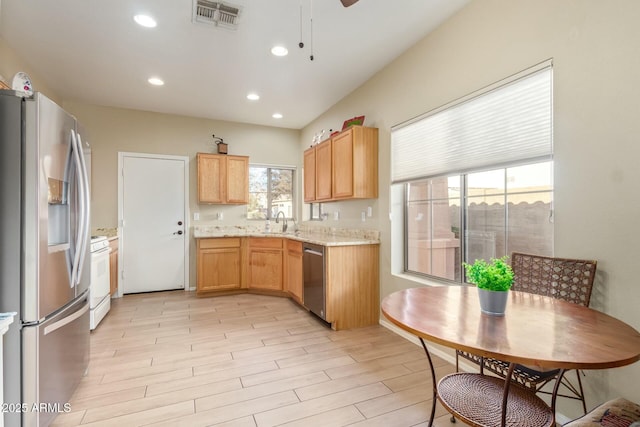 kitchen with light stone counters, sink, light wood-type flooring, and appliances with stainless steel finishes