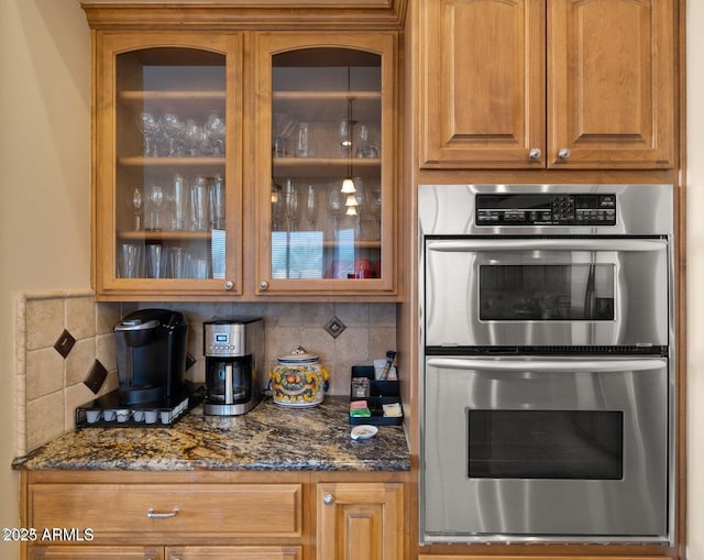 28309 N 156th Way, Scottsdale, AZ 85262 - kitchen with double oven, dark stone counters, and tasteful backsplash