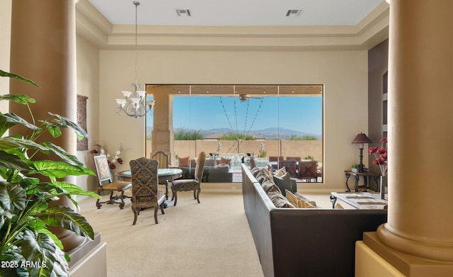 28309 N 156th Way, Scottsdale, AZ 85262 - living room featuring carpet, decorative columns, a chandelier, and a mountain view