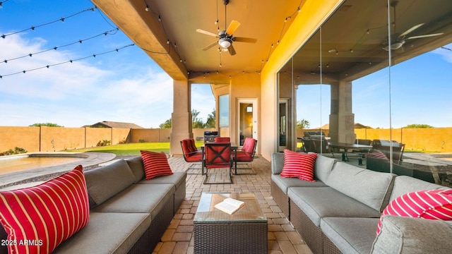 28309 N 156th Way, Scottsdale, AZ 85262 - fenced backyard with ceiling fan, outdoor lounge area, outdoor dining area, and a patio