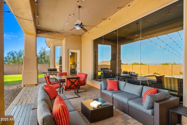 28309 N 156th Way, Scottsdale, AZ 85262 - fenced backyard with outdoor lounge area, a patio, a ceiling fan, and outdoor dining space
