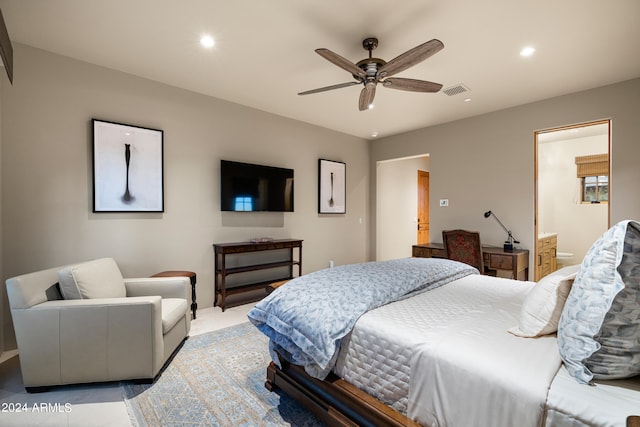 bedroom with ceiling fan and ensuite bathroom