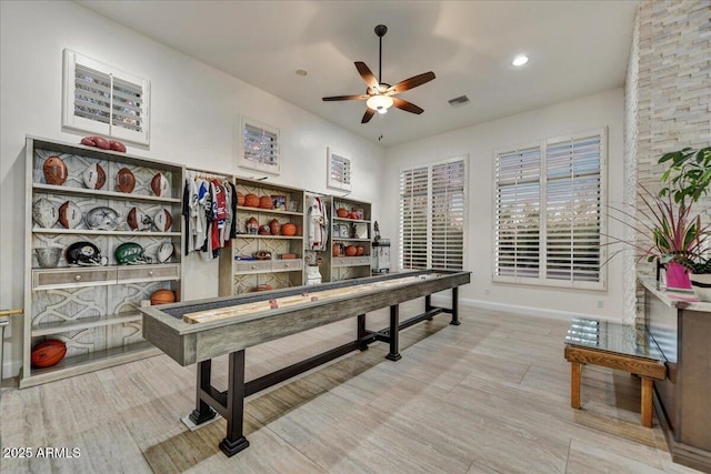 playroom featuring recessed lighting, visible vents, baseboards, and ceiling fan