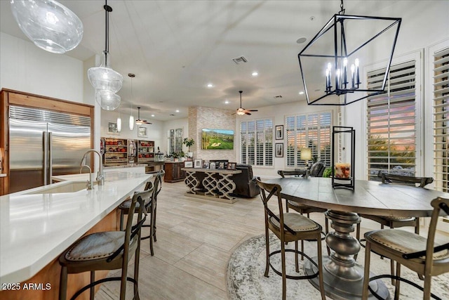 dining room featuring recessed lighting, visible vents, and ceiling fan