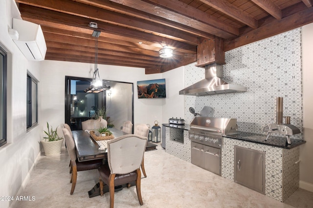 dining room with wooden ceiling, sink, beam ceiling, a wall unit AC, and a chandelier