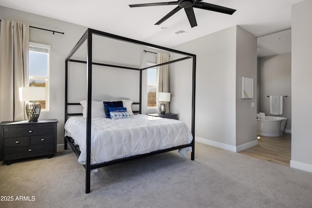 bedroom with a ceiling fan, carpet, visible vents, and baseboards