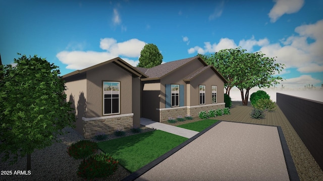 view of front of property with stone siding, a patio area, fence, and stucco siding