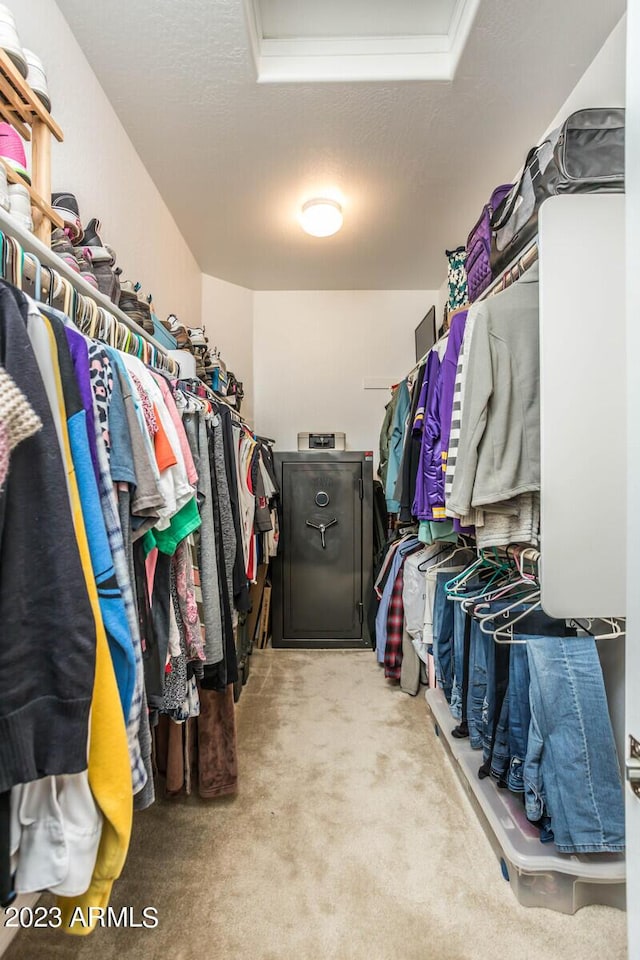 walk in closet with light carpet