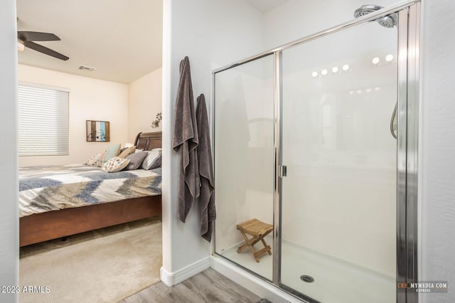 bedroom featuring ceiling fan, a closet, and light wood-type flooring