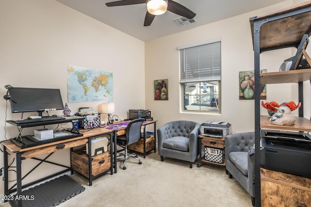 office featuring light colored carpet and ceiling fan