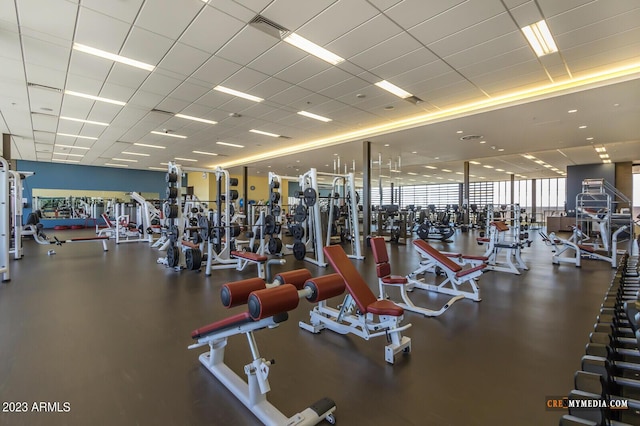 workout area featuring a drop ceiling and visible vents