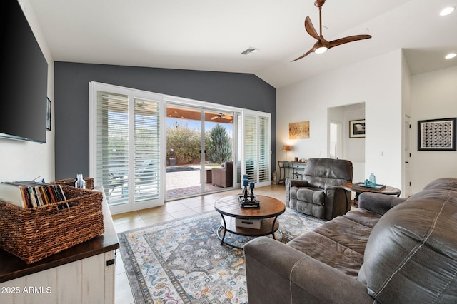 living area featuring vaulted ceiling, recessed lighting, light tile patterned floors, ceiling fan, and visible vents