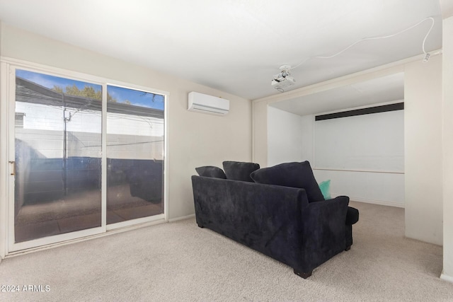 carpeted living room featuring an AC wall unit