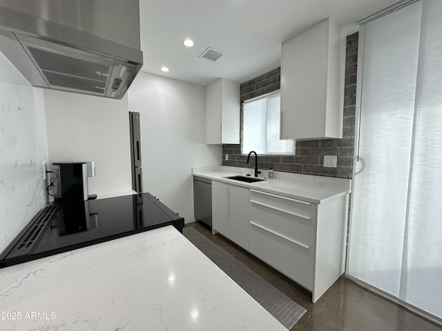 kitchen featuring exhaust hood, a sink, visible vents, white cabinets, and appliances with stainless steel finishes