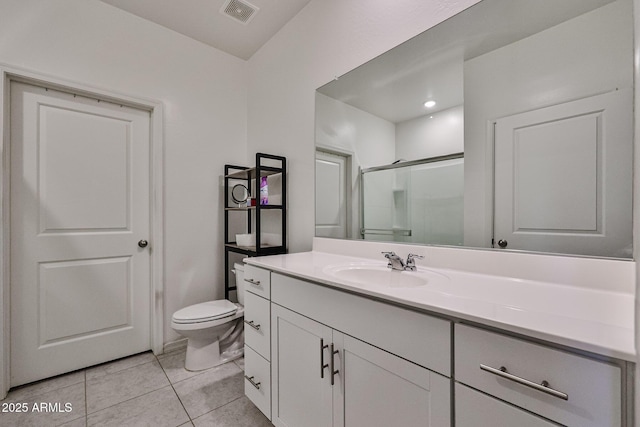 full bath with visible vents, toilet, a shower stall, vanity, and tile patterned floors