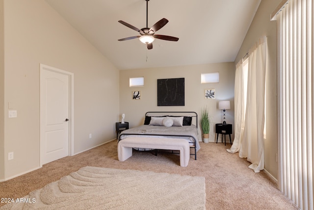 carpeted bedroom with lofted ceiling and ceiling fan