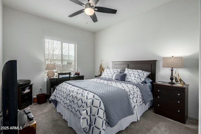 bedroom with ceiling fan and carpet