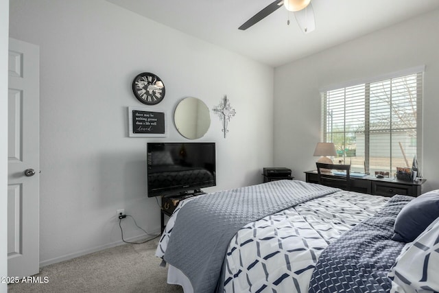 bedroom with light carpet and ceiling fan