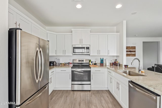 kitchen with sink, white cabinets, light stone counters, kitchen peninsula, and stainless steel appliances