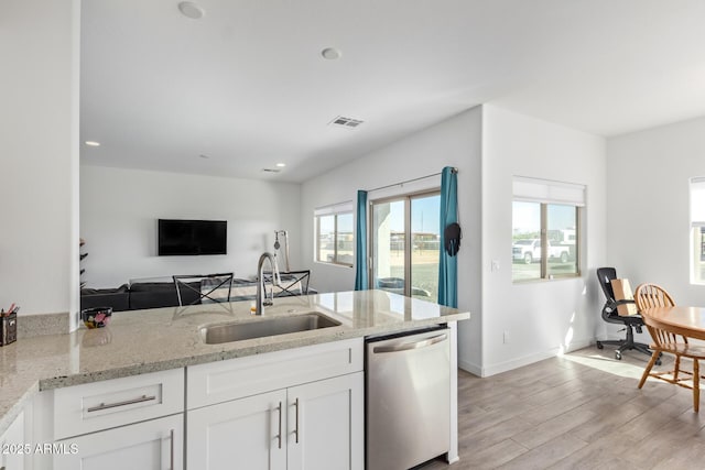 kitchen featuring sink, white cabinetry, light stone counters, stainless steel dishwasher, and kitchen peninsula