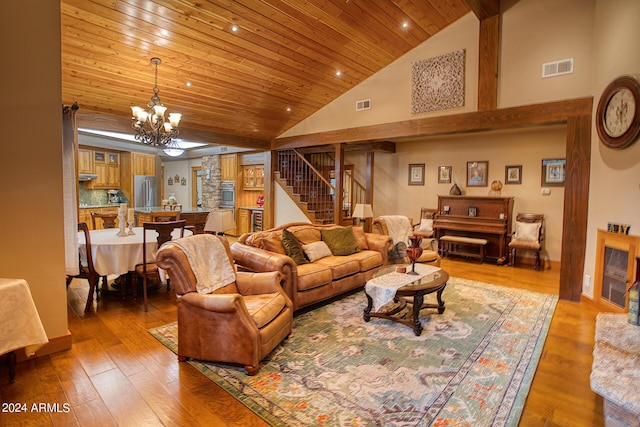 living area with wood finished floors, wooden ceiling, visible vents, and an inviting chandelier