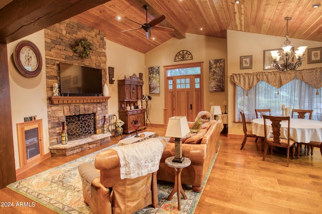 living room with high vaulted ceiling, wooden ceiling, a fireplace, wood finished floors, and beam ceiling