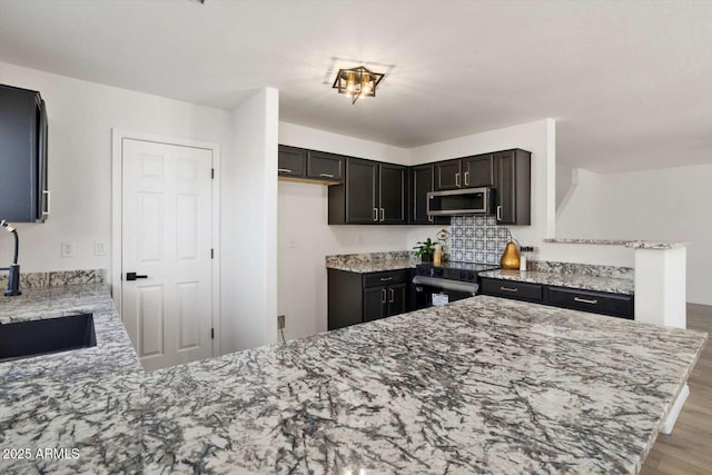 23772 W Grove St, Buckeye, AZ 85326 - kitchen with electric stove, stainless steel microwave, a sink, light stone countertops, and wood finished floors