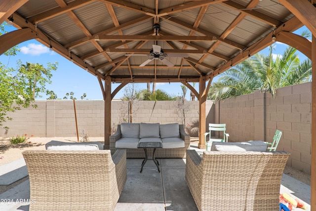 view of patio / terrace featuring ceiling fan, a gazebo, and an outdoor hangout area