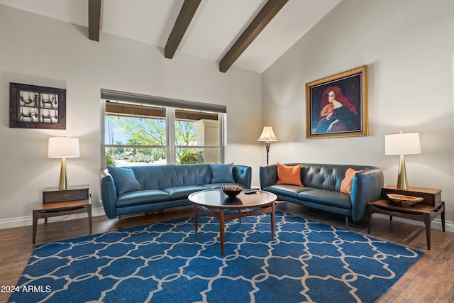 living room featuring high vaulted ceiling, hardwood / wood-style flooring, and beam ceiling