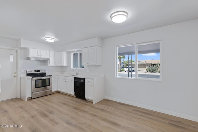 kitchen with black dishwasher, light hardwood / wood-style floors, sink, white cabinetry, and stainless steel electric range