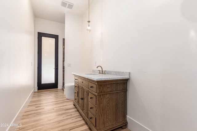 bathroom with vanity, hardwood / wood-style flooring, and toilet