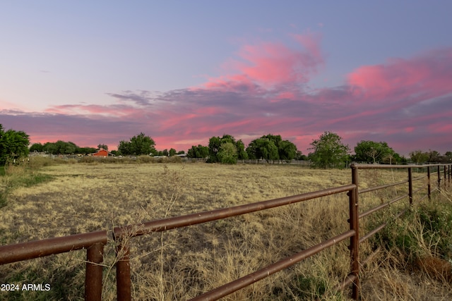 yard at dusk featuring a rural view