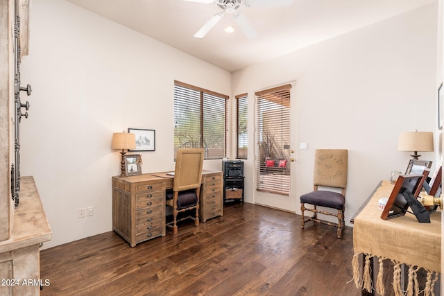 office space with dark hardwood / wood-style floors and ceiling fan