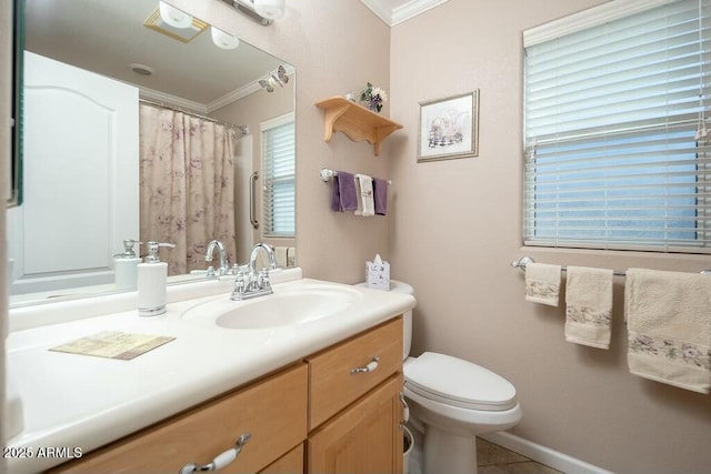 full bath with toilet, a shower with curtain, ornamental molding, tile patterned flooring, and vanity