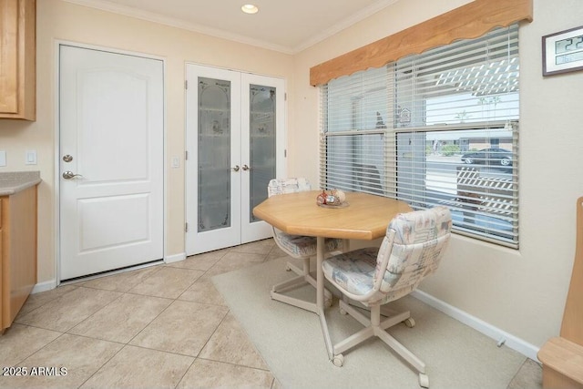 dining room with french doors, light tile patterned floors, recessed lighting, ornamental molding, and baseboards