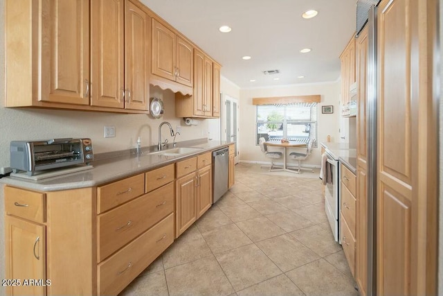 kitchen with white range with electric stovetop, crown molding, visible vents, stainless steel dishwasher, and a sink