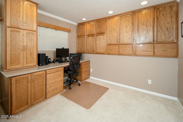 office with carpet, baseboards, crown molding, and recessed lighting