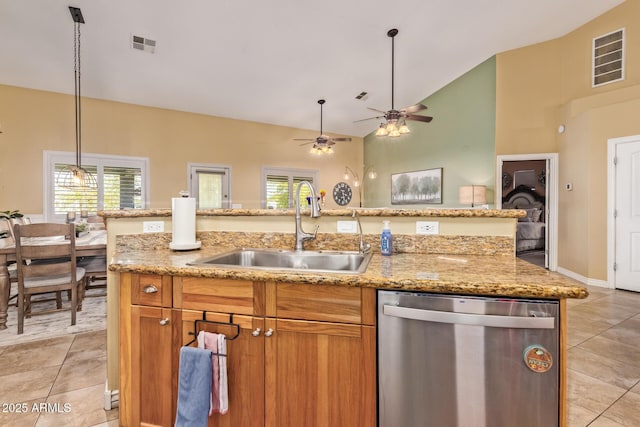36641 N Railway St, San Tan Valley, AZ 85140 - kitchen with light tile patterned flooring, visible vents, a center island with sink, stainless steel dishwasher, and a sink