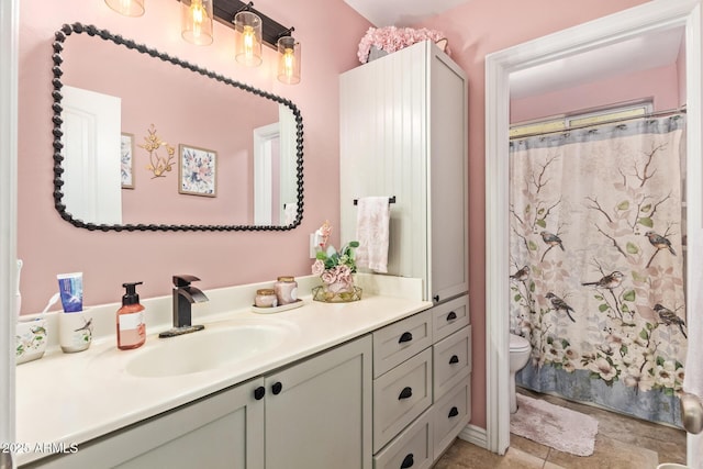 36641 N Railway St, San Tan Valley, AZ 85140 - full bath with tile patterned flooring, toilet, a shower with shower curtain, and vanity
