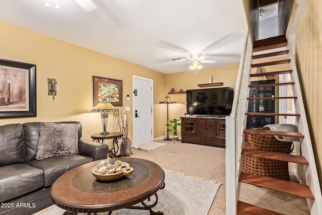 36641 N Railway St, San Tan Valley, AZ 85140 - living area with stairs, carpet, visible vents, and a ceiling fan