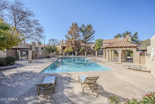 view of pool featuring a gazebo, a pergola, and a patio